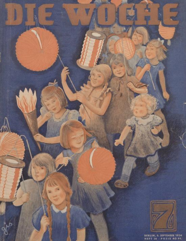 Titelbild der *Die Woche* Zeitschrift mit Kindern in traditioneller deutscher Kleidung, die buntfarbige Papierlaternen halten und den 7. September 1934 feiern.