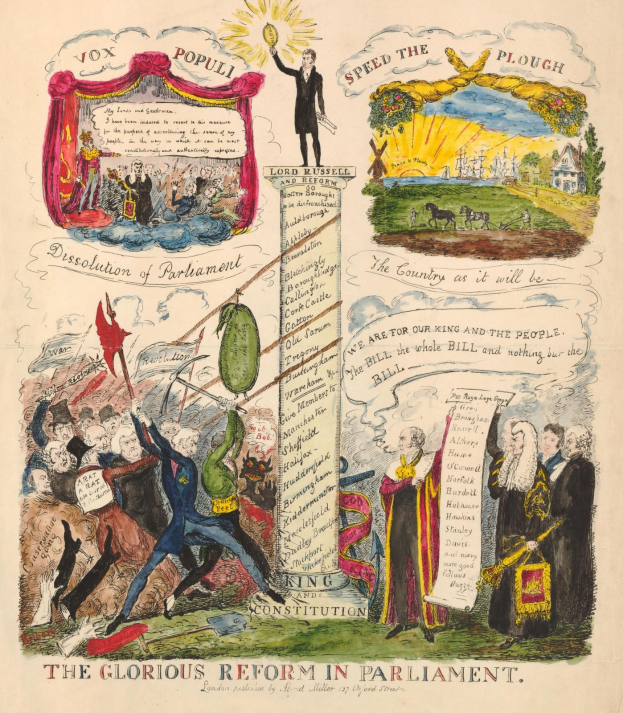 Ein buntes illustriertes Dokument mit der Überschrift "Die glorreichen Reformen im Parlament" mit fetter Schrift und verschiedenen lächelnden Menschen, die Fortschritt und Hoffnung symbolisieren.