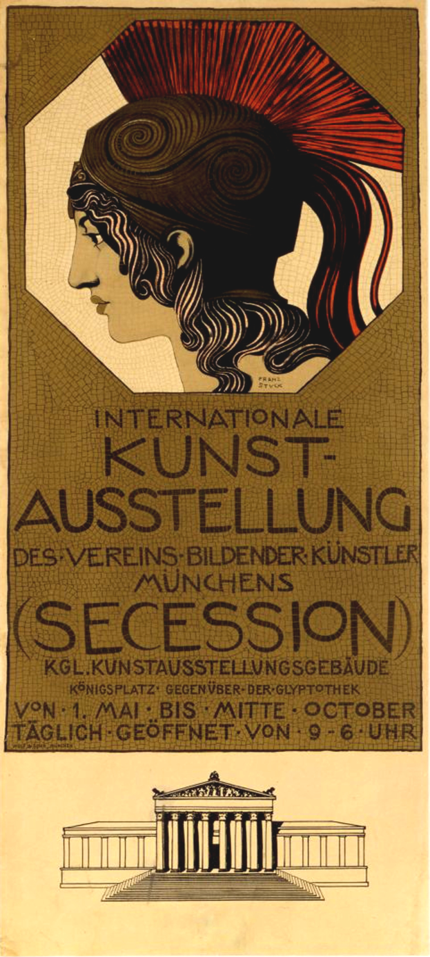 Ein Plakat für die Internationale Kunstausstellung in München, Deutschland, das eine Frau mit einem menschlichen Gesicht in der Mitte und Text zeigt, der Informationen zum Event enthält.