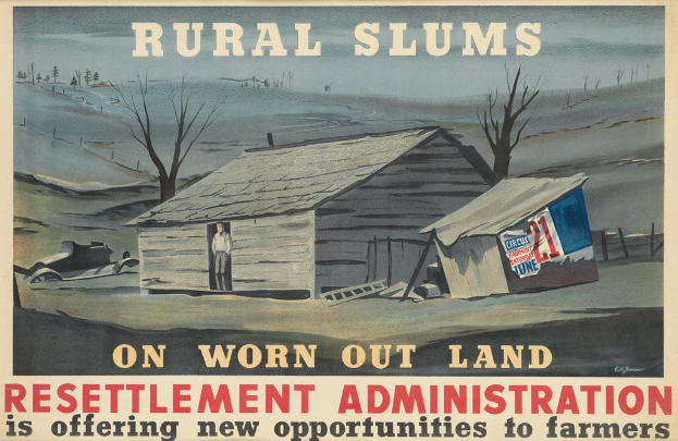Plakat mit der Aufschrift "Ländliche Slums auf abgenutztem Land" wirbt für Umsiedlungsmöglichkeiten für Farmer und zeigt eine Illustration einer Person vor einem Haus mit Bäumen.