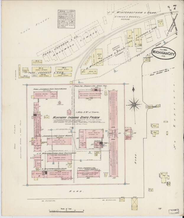 Alte Karte von Detroit, Michigan, mit detaillierter Textbeschreibung des nördlichen Indiana-Staatsgefängnisses.
