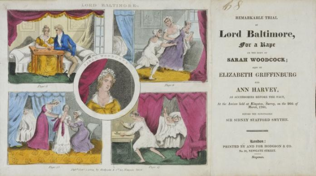 Abbildung eines historischen Verfahrensdokuments mit Porträts, Vorhängen und Text zum Fall Lord Baltimore.