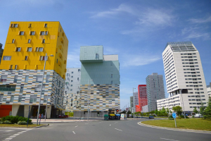 Eine Stadtstraße mit hohen Gebäuden im Hintergrund, einschließlich Strukturen der Universität Rotterdam, Straßenlaternen, Straßenlaternen, Kraftfahrzeugen, Informationsanzeigen, Grünflächen und einem bewölkten Himmel.