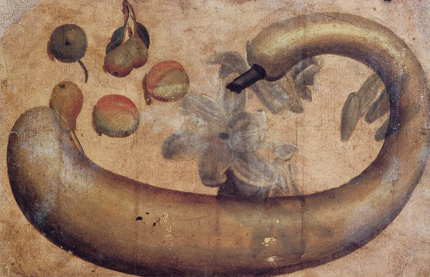 Gemälde einer Banane mit einer Blume darauf, umgeben von verschiedenen Früchten und Blättern auf Papier, mit leuchtenden Farben und klaren Details.