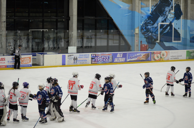 Gruppe junger Menschen, die Eisockey auf einer Indoor-Eisfläche spielen, mit Helmen und Hockey-Schlägern, einer Person auf der linken Seite und Bannern, Säulen und Glaswänden im Hintergrund.