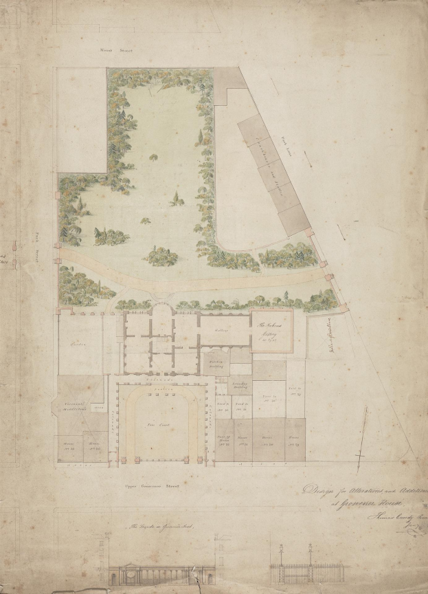 Schwarzes und weißes Architekturplan titled "Plan of the Garden of the House of Commons," featuring a central garden enclosed by trees and plants.