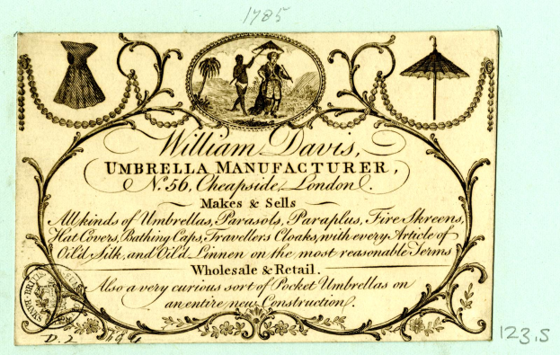 Alte Visitenkarte mit Porträt von William Davis, einem Schirmhersteller, und Text über die Dienstleistungen des Unternehmens.