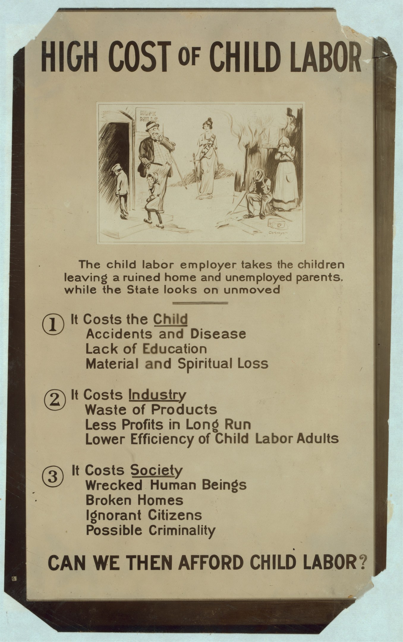Blauer Plakat mit weißer Schrift und Rand betitelt "Hohe Kosten der Kinderarbeit", zeigt kreisförmige Anordnung von Gesichtern verschiedener Menschen um den Titel.