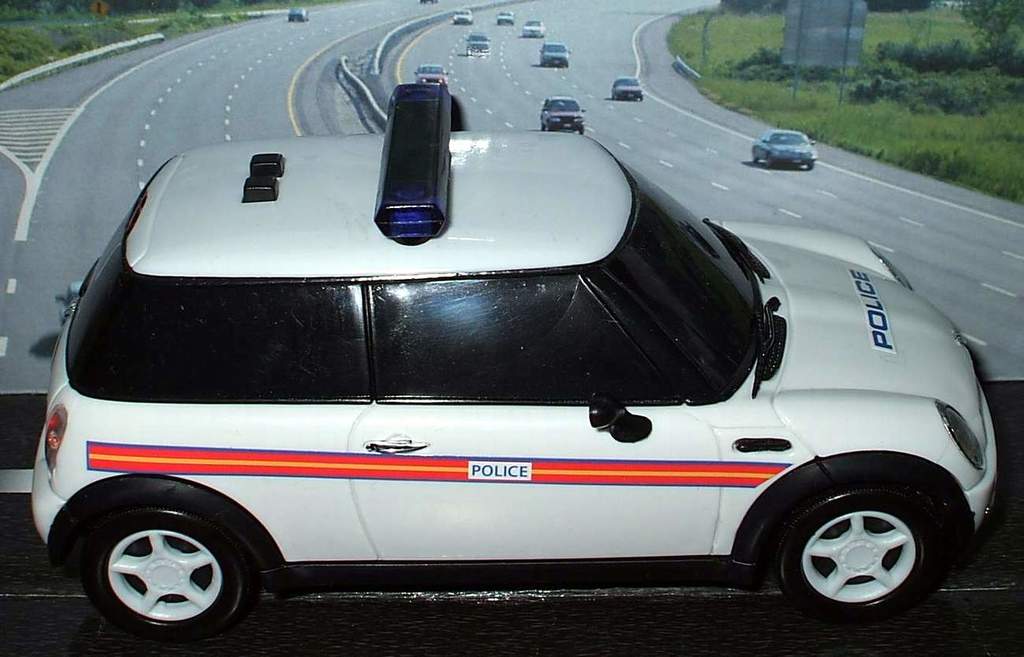 Ein weißes Polizeiauto ist im Vordergrund geparkt, mit mehreren Autos, die sich auf der Straße dahinter bewegen, umgeben von Gras und Bäumen auf beiden Seiten.