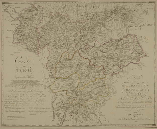 Detailiertes altes Tyroler Stadtplan, Deutschland, mit Städten, Dörfern, geografischen Merkmalen und Text mit zusätzlichen Informationen wie Bevölkerung, Straßen und Sehenswürdigkeiten.