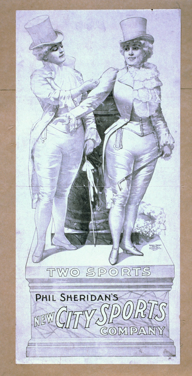 Plakat für die neue Stadt-Sportfirma von Phil Sheridan mit zwei Personen nebeneinander und Text, der die Firma und ihre Dienstleistungen beschreibt.