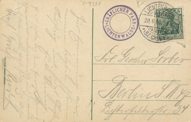 Alte Postkarte mit einer Briefmarke, die "Lichtenwald, Deutschland - Überweisung nach Deutschland" lautet, mit handschriftlichem Text und zwei zusätzlichen Briefmarken in der oberen rechten Ecke.