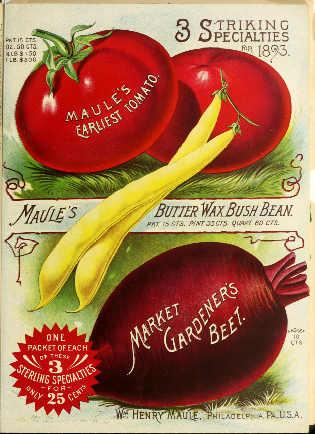 Ein Vintage-Plakat mit einer Vielzahl von farbenfroh angeordneten Gemüsen wie Tomaten und Rote Bete, die sich überlappen und den Text 'Market Gardener's Beet' in einer fetten Schriftart oben tragen.