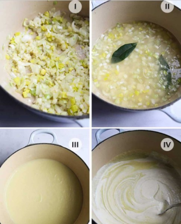 Collage aus vier Fotos, die die Zubereitung von Suppe zeigen: gewürfelte Gemüse in einer Schüssel, Zutaten, die in den Topf gegeben werden, gemischtes Gemüse in der Brühe und eine fertige Schüssel Suppe, die serviert werden kann.