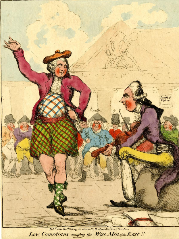 Cartoon eines Mannes in einem Kilt und einer Frau in einem Kleid, die vor einem Publikum stehen, mit einem Gebäude und Wolken im Hintergrund und einem Text unten, der 'Niedrige Komiker, die die weisen Männer des Ostens unterhalten' lautet.