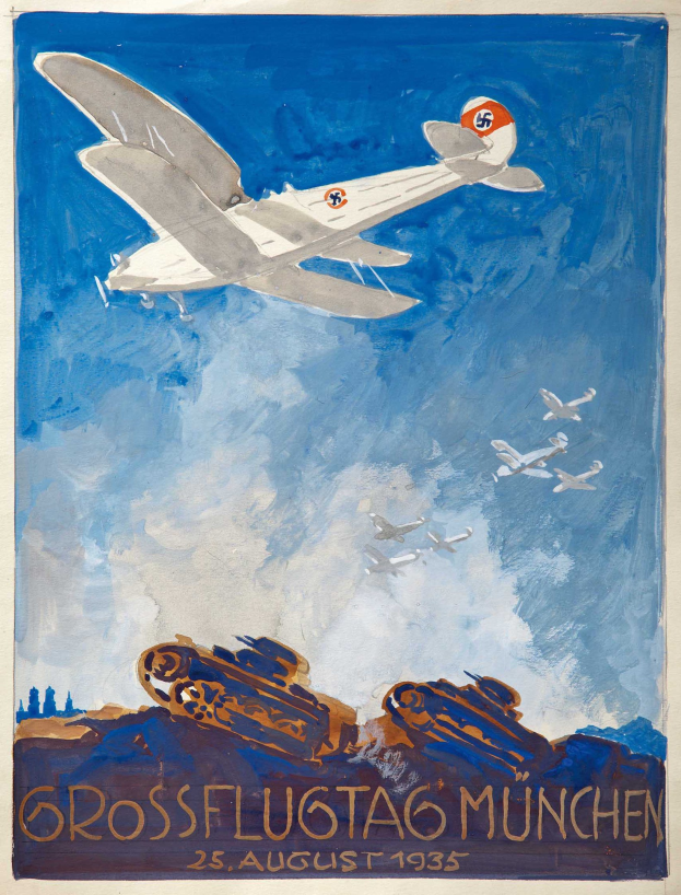 Plakatankündigung eines Luftfahrtfestes in München am 25. August 1935 mit mehreren Flugzeugen am Himmel und Text unten.