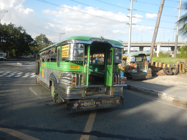 Ein grüner Bus fährt auf einer Straße mit Bäumen, Strommästen mit Kabeln und einer Brücke im Hintergrund, mit einem bewölktem Himmel und grünem Boden mit Reifen.