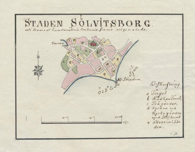 Eine detaillierte Karte von Staden Solvitsborg, Schweden, die Straßen, Gebäude, Sehenswürdigkeiten und Text enthält, der Informationen über die Bevölkerung, Straßen und Sehenswürdigkeiten der Stadt liefert.