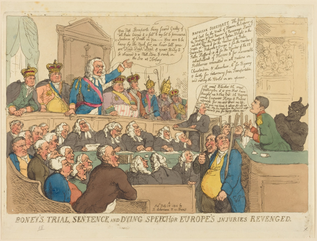 Cartoon-Illustration einer Gerichtsszene mit dem Titel "Boney's Trial, Sentence and Dying Speech Europe's Injuries Revenged", die einen zentralen stehenden Mann und sitzende Figuren sowie einen Tisch mit Gegenständen auf der rechten Seite zeigt.