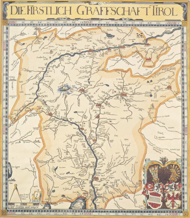 Ein detailliertes historisches Plakat der ersten Grafschaft Tirol mit einer Karte, die geografische Merkmale wie Flüsse, Berge und Städte zeigt, sowie begleitenden Text.