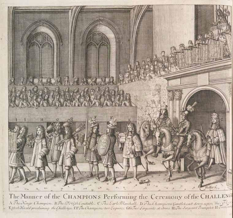 Eine handgezeichnete Szene auf Papier, die eine Gruppe von Menschen zeigt, einige auf Pferden, vor einer Menge mit einem Gebäude im Hintergrund, betitelt mit "Die Art der Champions bei der Zeremonie der Herausforderung."