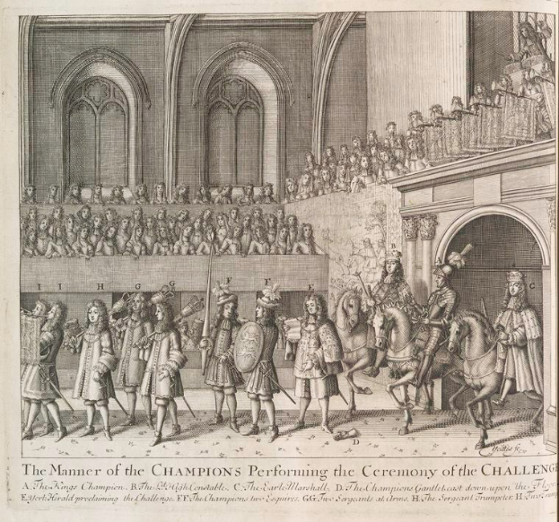 Eine handgezeichnete Szene auf Papier, die eine Gruppe von Menschen zeigt, einige auf Pferden, vor einer Menge mit einem Gebäude im Hintergrund, betitelt mit "Die Art der Champions bei der Zeremonie der Herausforderung."