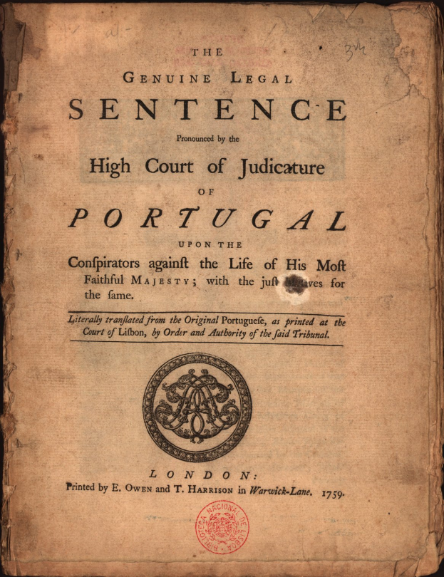 Ein altes Buch mit einem schwarzen Hintergrund und einem Stempel, auf dem der Text 'Das genuine Urteil des Obersten Gerichtshofes von Portugal' steht.