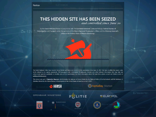 Ein Computerbildschirm mit einer Beschlagnahmungsbenachrichtigung, auf der in fetter schwarzer Schrift der Text 'Diese verdeckte Website wurde beschlagnahmt' steht, umgeben von einem weißen Rand und mit dem Logo der niederländischen Polizei, einem Schild mit einem blauen Hintergrund und einem weißen Stern in der Mitte.