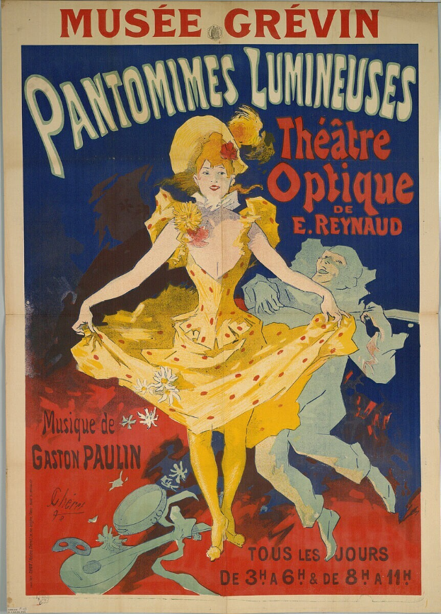 Ein Plakat für das Pantomimen-Theater Lumineuses Theatre Optique in Paris, das eine Frau in gelbem Kleid und ein menschliches Gesicht in der Mitte zeigt, mit Texten, die Theater-Informationen bereitstellen.