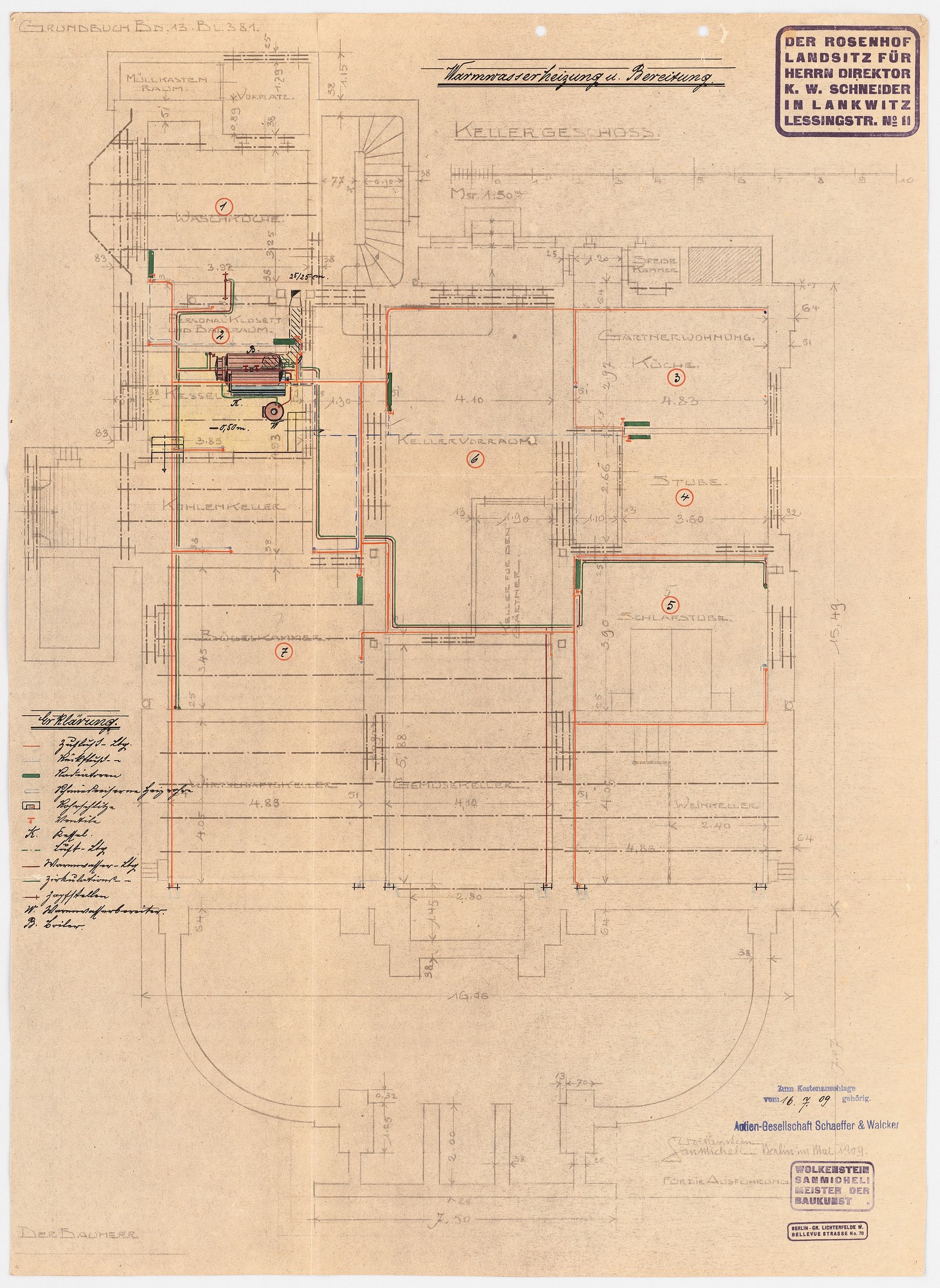 Architektonische Zeichnung des Rosenhof-Krankenhauses in Hamburg, Deutschland, zeigt detaillierten Aufbau mit zahlreichen Kabeln und beschrifteten Räumen, Fluren und Merkmalen auf altem Papier.