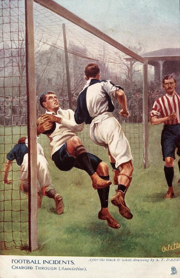 Ein Gemälde von Männern, die Fußball auf einem Feld mit einem Netz, Bäumen, einem Gebäude und einem klaren blauen Himmel im Hintergrund spielen, mit dem Text "Fußballvorfälle durch Verband verhandelt" unten.