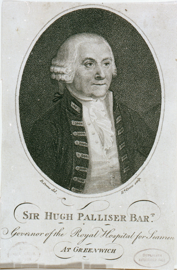 Ein Schwarz-Weiß-Porträt von Sir Hugh Palliser Bar, dem Gouverneur des Royal Hospital for Seamen in Greenwich, der einen Anzug trägt und einen ernsten Gesichtsausdruck hat, mit Text am unteren Rand des Bildes.