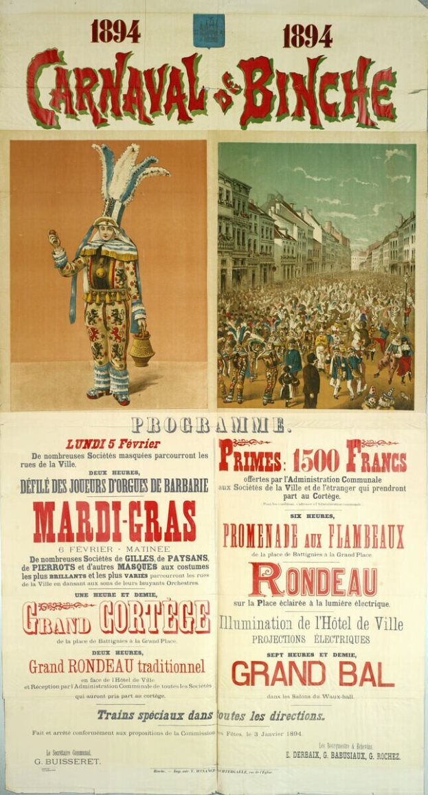 Ein Vintage-Plakat, das ein Karnevalsfest in Banche, Frankreich, ankündigt und Illustrationen von Menschen, Gebäuden und Text enthält.