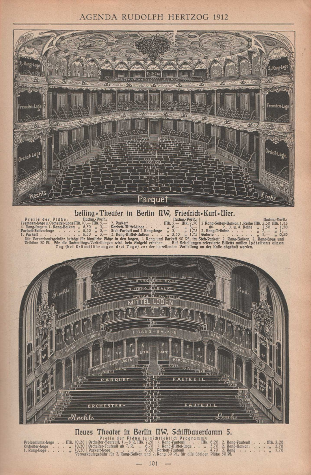 Schwarz-weiß-Illustration einer alten Buchseite mit einer großen Auditoriumszeichnung in Berlin, Deutschland, aus dem Jahr 1912, mit begleitendem Text zur Beschreibung des Theaters.
