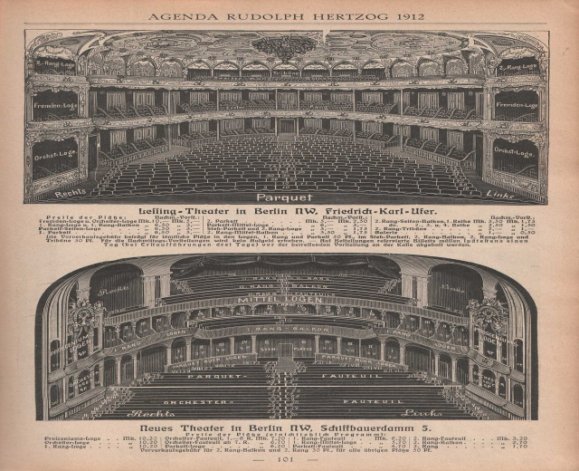 Schwarz-weiß-Illustration einer alten Buchseite mit einer großen Auditoriumszeichnung in Berlin, Deutschland, aus dem Jahr 1912, mit begleitendem Text zur Beschreibung des Theaters.
