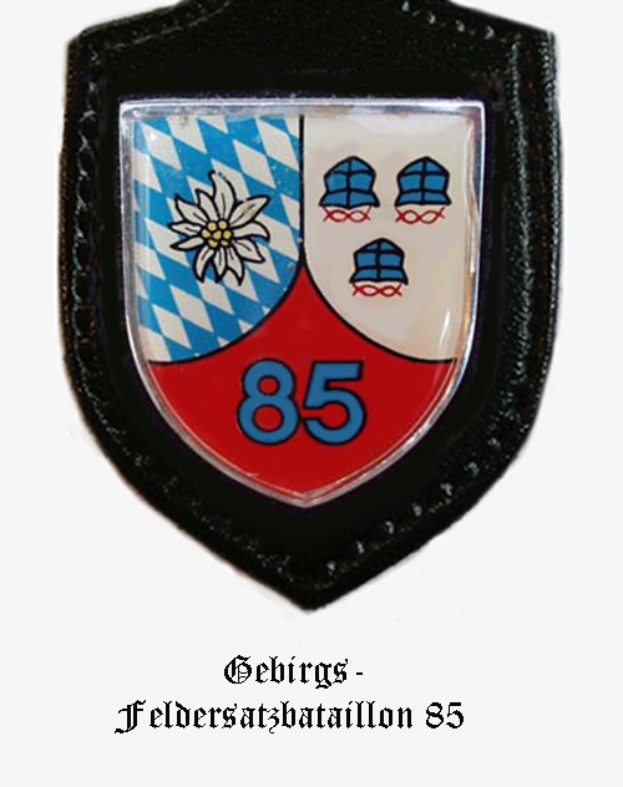 Ein Abzeichen mit der Nummer 85 und deutscher Schrift am unteren Rand, das das Logo der bayerischen Fußballmannschaft darstellt.