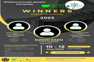 Buntes Plakat für die Wikisound Audio Spricht Kampagne mit blauem Hintergrund, das gelbe und weiße Schrift in Großbuchstaben zeigt "Gewinner" und mehrere lächelnde Fotos von Menschen in der Mitte.