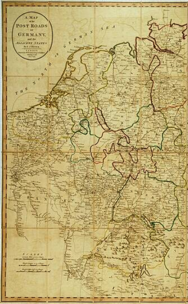 Eine detaillierte Karte der deutschen Poststraßen, die Hauptstraßen, Städte, Dörfer und andere geografische Merkmale mit begleitendem Text zeigt.
