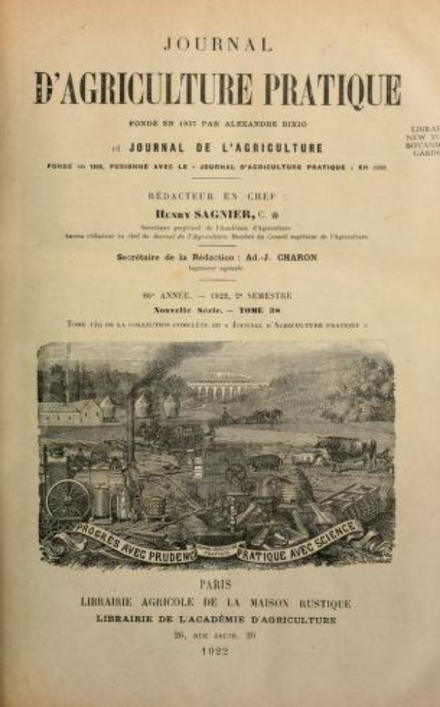 Ein altes Buch mit dem Titel "Journal d'Agriculture Pratique" mit einem Hofbild auf dem Cover.