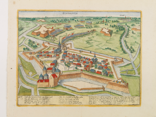 Ein detaillierter alter Stadtplan von Eindhoven, Niederlande, der Gebäude, Straßen, Bäume und Text zeigt, der das Stadtlayout, die Geschichte und Kultur beschreibt.