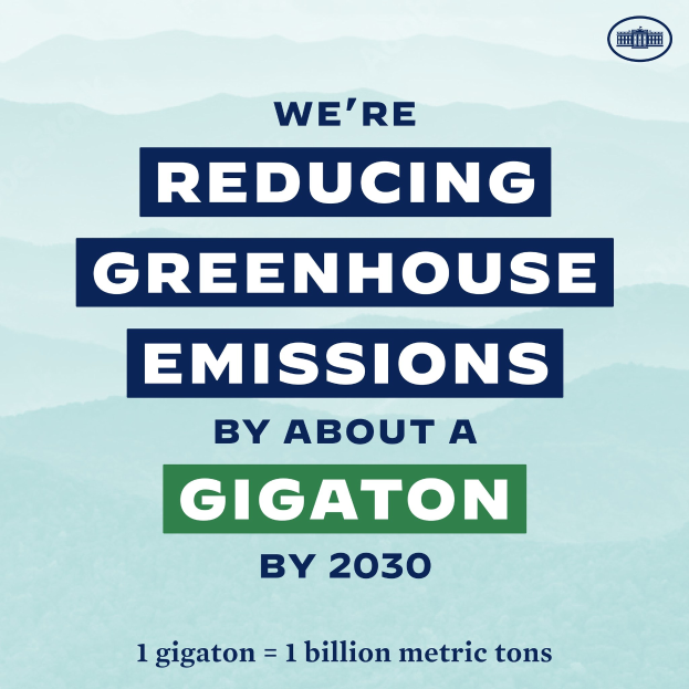 Plakat mit Text und Logo, das 'Wir reduzieren die Treibhausgasemissionen um etwa eine Gigatonne bis 2030' verkündet und sich für die Reduzierung der Treibhausgase bis 2030 einsetzt.