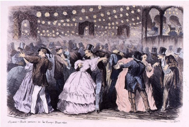 Eine Gruppe von Menschen, die in einem Ballsaal tanzen, mit einem Text unten, der "Madame Baille Nacional en la Campagne Bleuet, 1860" lautet.