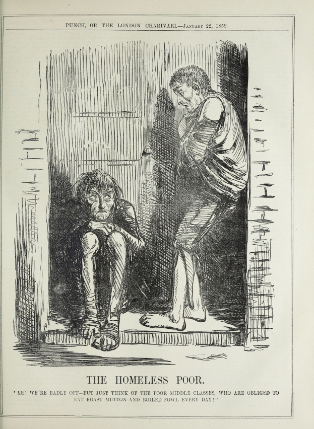 Eine Zeitung mit einer Zeichnung von zwei Personen, einer sitzend und einer stehend, mit den Worten "Die Obdachlosen" darauf.