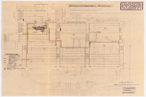 Schwarz-weißer Architekturplan des Rosenhof-Krankenhauses in Hamburg, Deutschland, mit detaillierter Darstellung von Zimmern, Fluren und umfangreicher Verdrahtung an der Struktur.