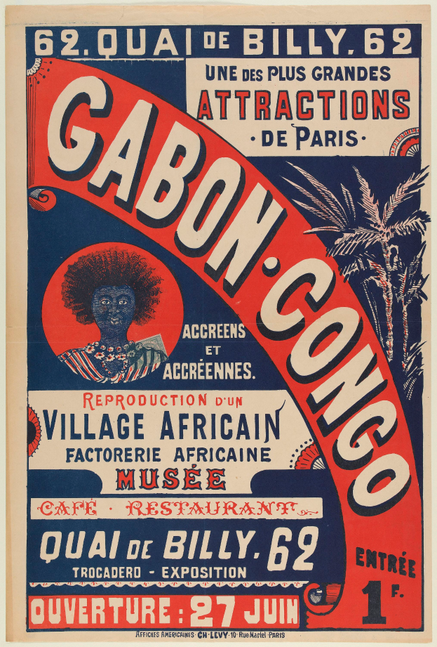 Ein Plakat für das Gabon Kongo Festival in Paris, das eine Person mit einem menschlichen Gesicht in der Mitte und Text zeigt, der das Festival ankündigt.
