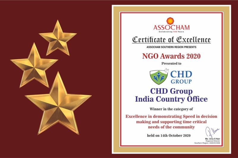 Auszeichnung "Exzellenzzertifikat" für die NGO Awards 2020 an Chd Group India Country Office verliehen, mit einem Schildlogo mit einem zentralen Stern und einem Lorbeerkranz.