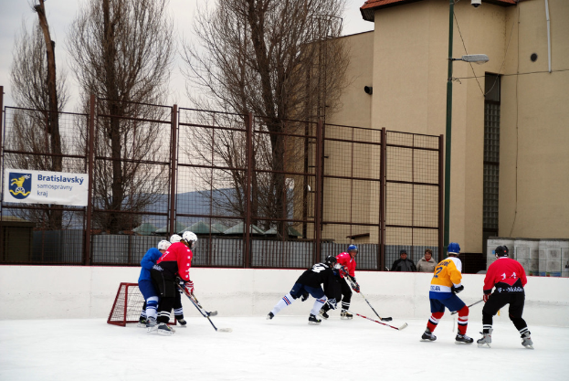 Menschen, die Eis-hockey auf einer Eisbahn mit Gebäuden, Bäumen, einer Straßenlaterne, einem Namensschild und Zäunen im Hintergrund unter dem Himmel spielen.