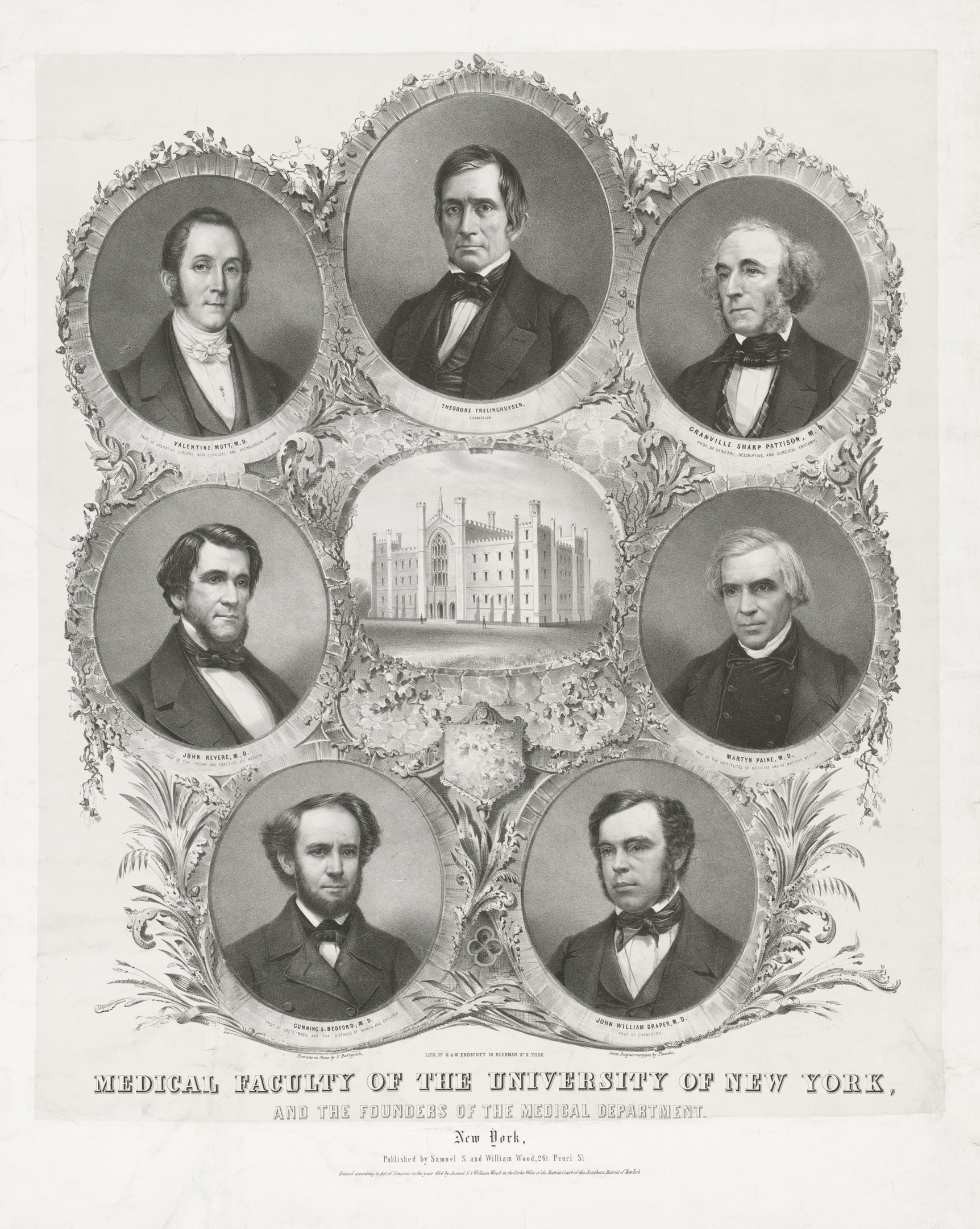 Schwarzes und weißes Foto von formell gekleideten Männern, die vor einem Gebäude posieren, mit der Aufschrift "Medizinische Fakultät der Universität New York und die Gründer des Medizinischen Departments" am unteren Rand.