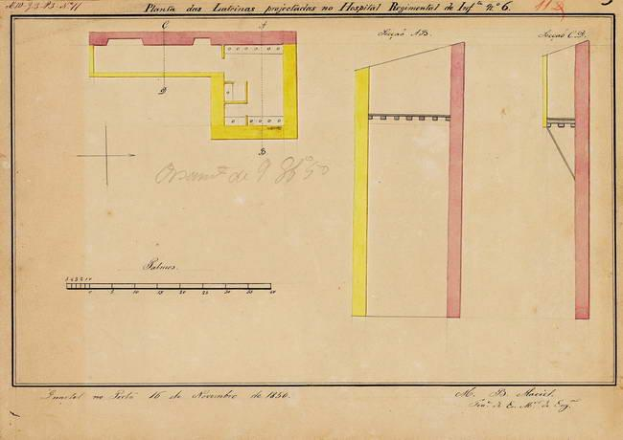 Ein detaillierter architektonischer Plan des Krankenhausregiments von 1856, mit einer gelben und roten Linie, sowie Diagrammen und Texten, die den Aufbau von Räumen, Fluren und anderen Merkmalen zeigen.
