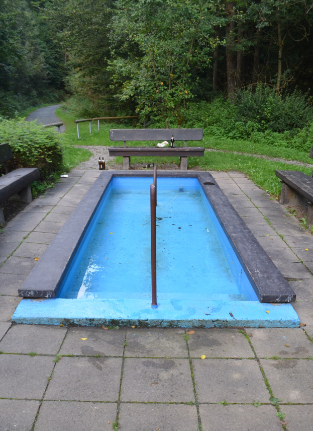 Kleiner Rundpool mit zentralem Pfahl, umgeben von B├Ąnken, Pflanzen, Rasen, einer Stra├če und B├Ąumen in einer Parkanlage.